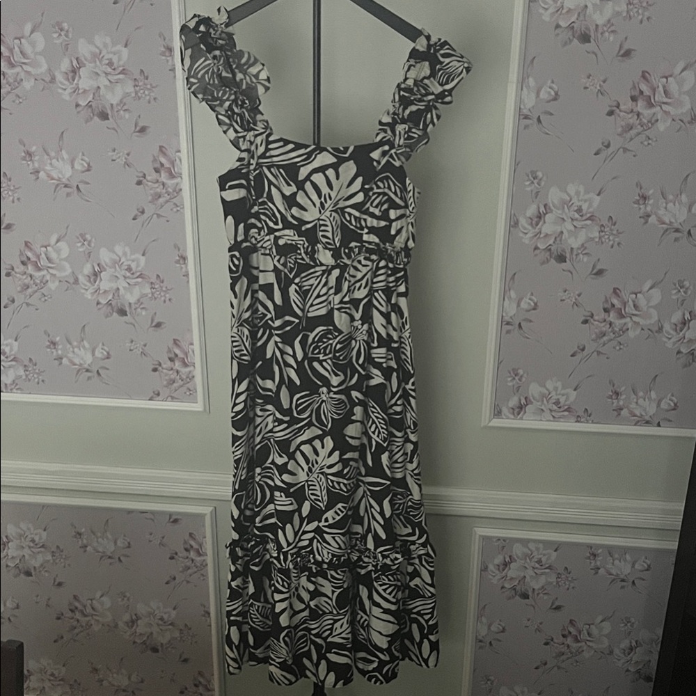 Black and white floral smocked midi dress